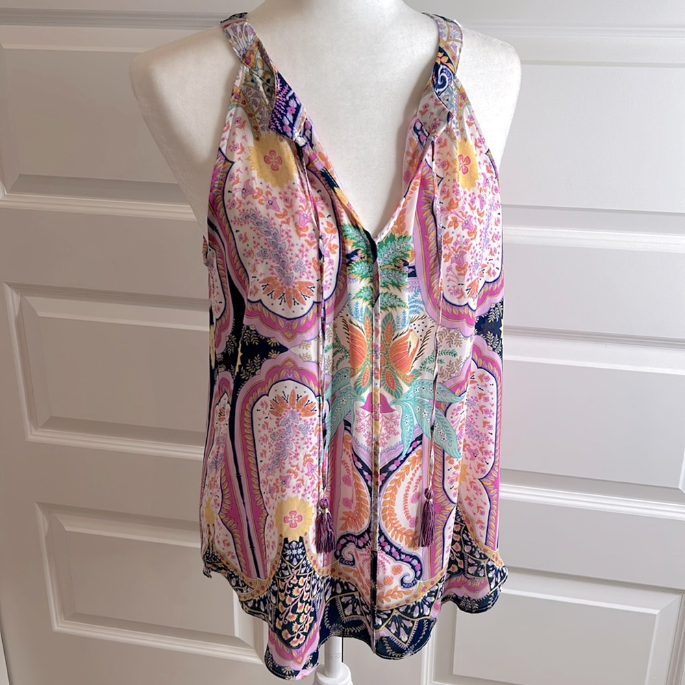 Rose + Olive Pink, Yellow, Ivory & Navy Sleeveless Floral Printed Top, Sz Large